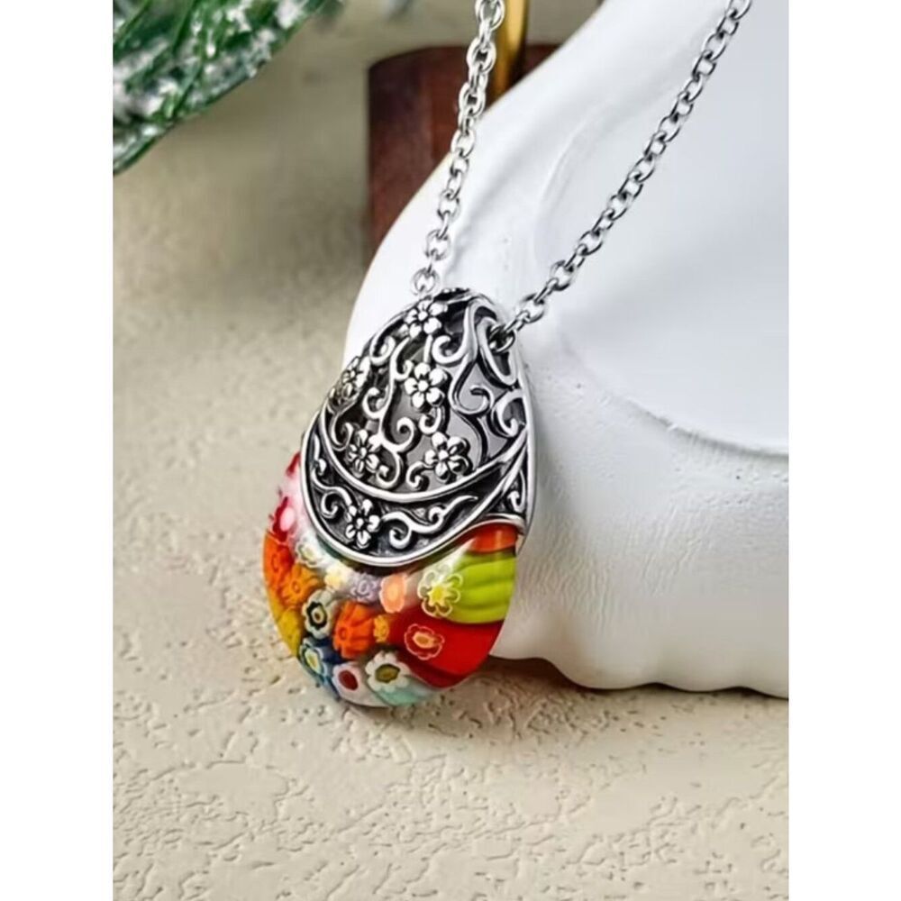 Boho Necklace Multicolor Resin Basket Shape Stainless Steel Filigree Pendant